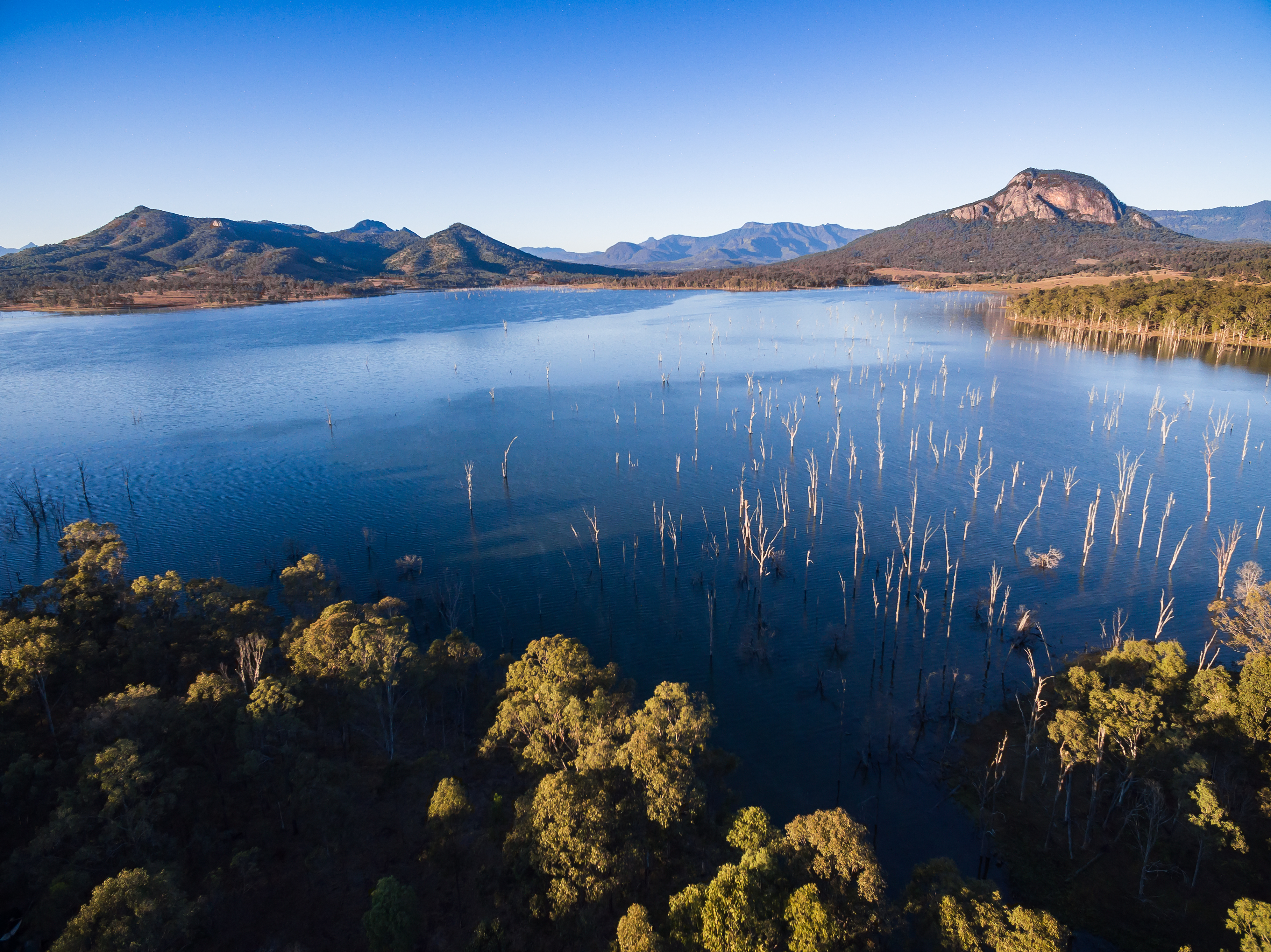 Aerial,Of,Lake,Moogerah,And,It's,Dead,Tree,Stumps.,South
